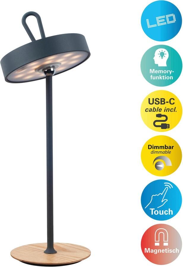 My home Led-tafellamp Charmont met houten voet afneembare hoofdkant als hanglamp te gebruiken oplaadbaar incl. accu + usb-kabel hoofdeinde magnetisch afneembaar hout (1 stuk) - Foto 5