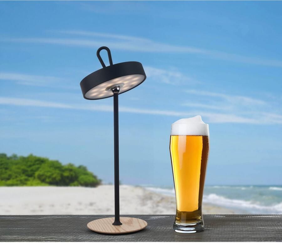 My home Led-tafellamp Charmont met houten voet afneembare hoofdkant als hanglamp te gebruiken oplaadbaar incl. accu + usb-kabel hoofdeinde magnetisch afneembaar hout (1 stuk)