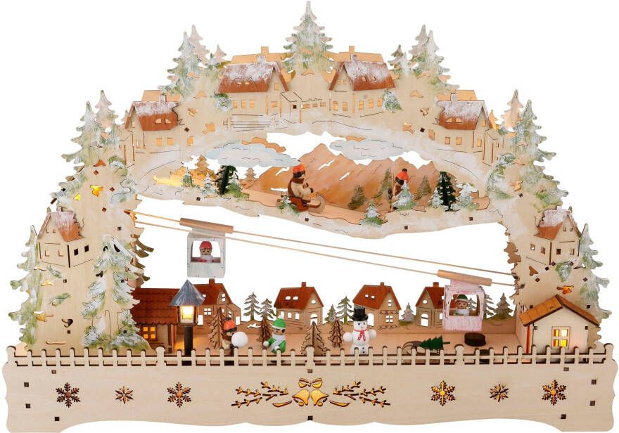 My home Schwibboog Kerst versiering met bewegende kabelbaan en geïllumineerde huizen en rodelbaan - Foto 3