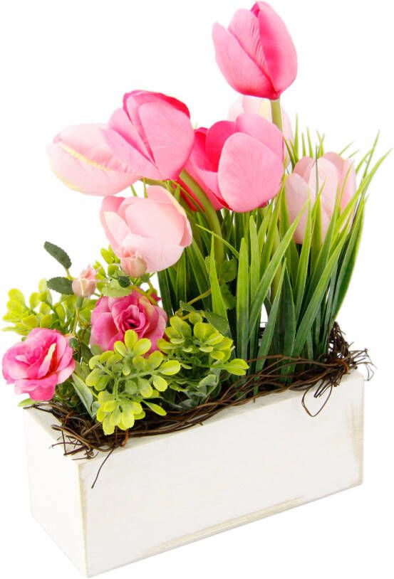 My home Takken Tulpen wilde rozen en gras In pot van hout bloemdecoratie (1 stuk)