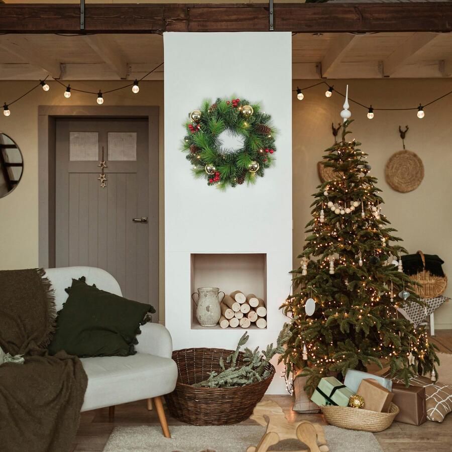 Näve Decoratief ledobject Decoratieve krans Noel kerstdecoratie deurkrans met ballen dennenappels en bessen (1 stuk) - Foto 2
