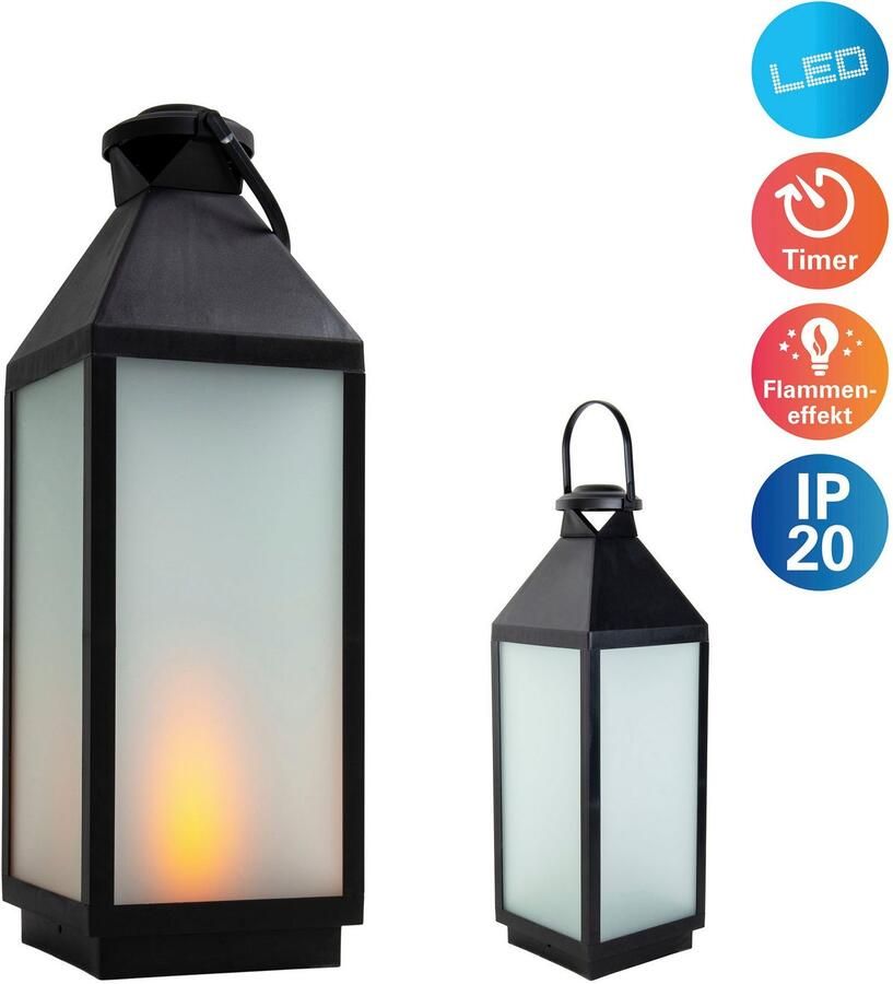 Näve Decoratieve ledverlichting DORIS Lantaarn vierkant vlam effect timerfunctie zwart mat glas (1 stuk)