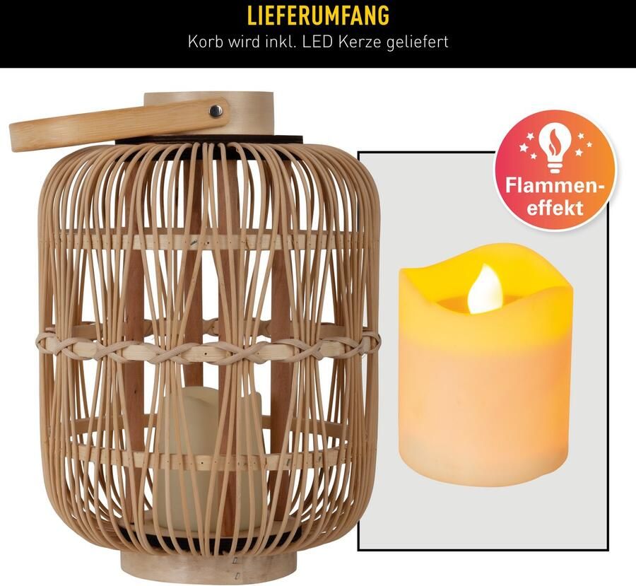 Näve Led-decoratieve verlichting Korbinian Rattankorf naturel met handvat incl. 1x LED-kaars warm wit timer IP20 (1 stuk) - Foto 3