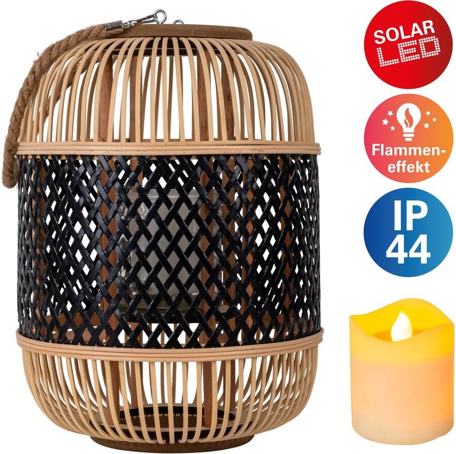 Näve Led-decoratieve verlichting Korbinian Rattankorf naturel zwart met handvat incl. solarkaars met vlameffect - Foto 7