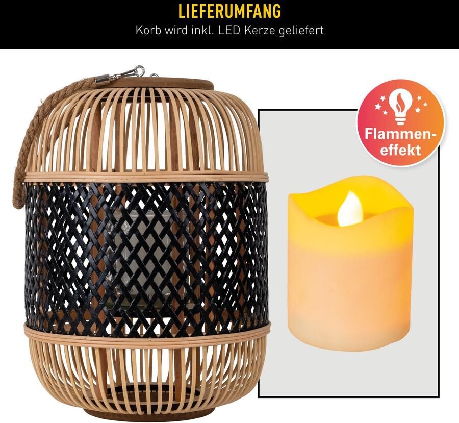 Näve Led-decoratieve verlichting Korbinian Rattankorf naturel zwart met handvat incl. solarkaars met vlameffect - Foto 3