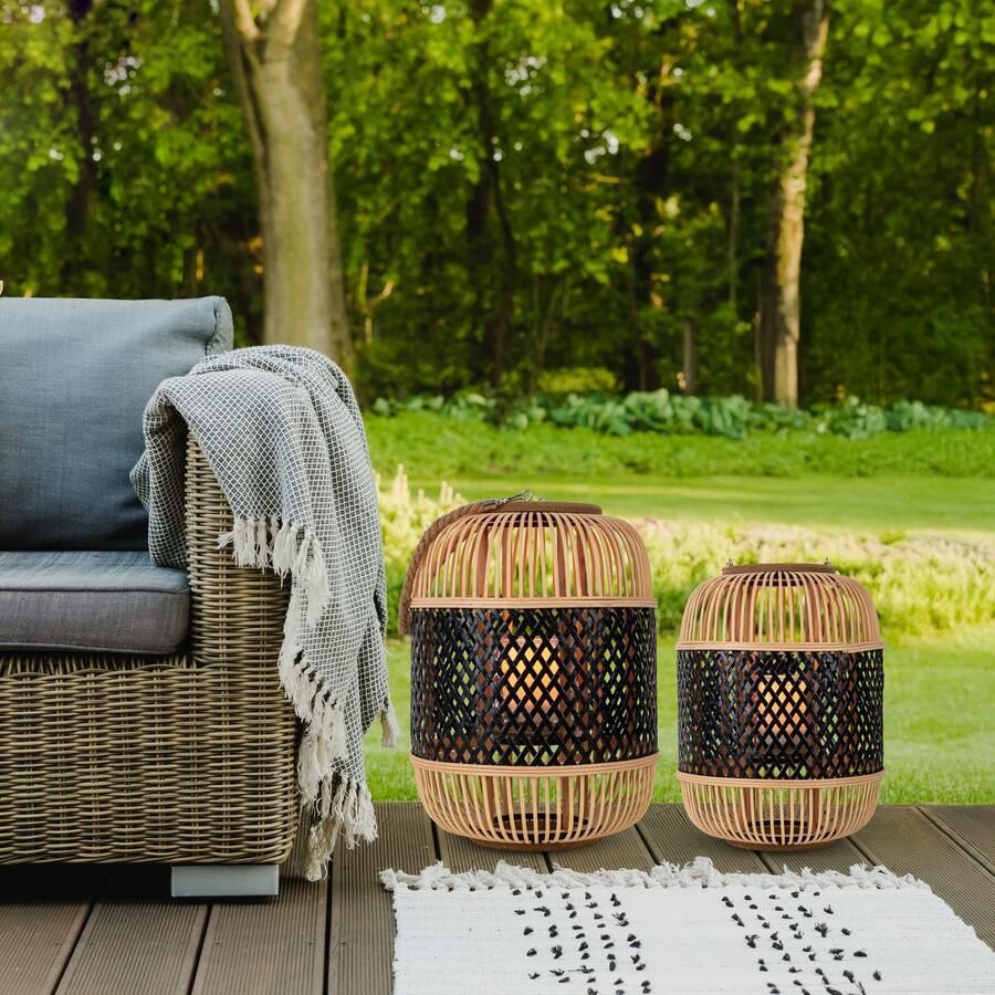 Näve Led-decoratieve verlichting Korbinian Rattankorf naturel zwart met handvat incl. solarkaars met vlameffect