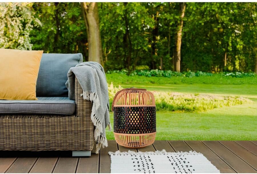 Näve Led-decoratieve verlichting Korbinian Rattankorf naturel zwart met handvat incl. solarkaars met vlameffect - Foto 2