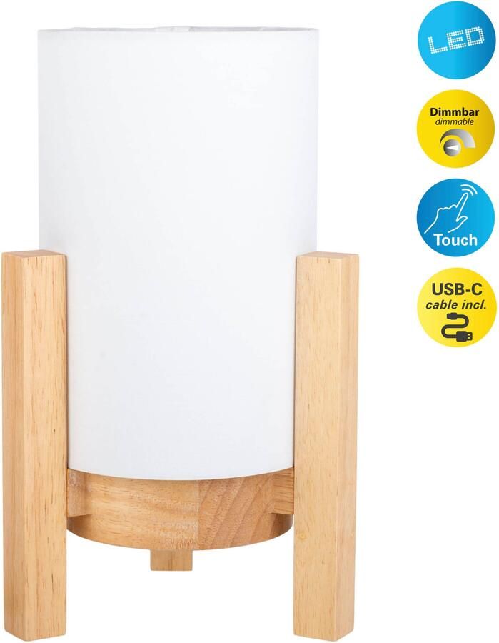 Näve Led-tafellamp Madita Accu-werking incl. USB-C-kabel houten frame textielscherm dimbaar (1 stuk)