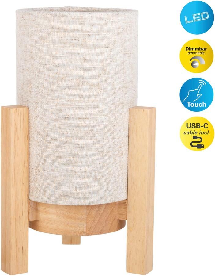 Näve Led-tafellamp Madita Accu-werking incl. USB-C-kabel houten frame textielscherm dimbaar (1 stuk)