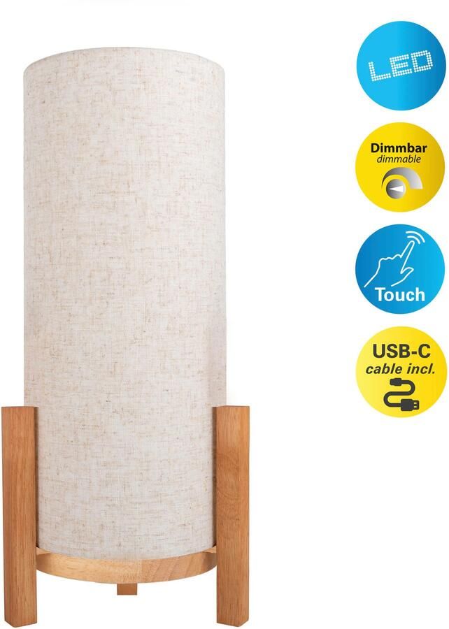 Näve Led-tafellamp Madita Accu-werking incl. USB-C-kabel houten frame textielscherm dimbaar (1 stuk)