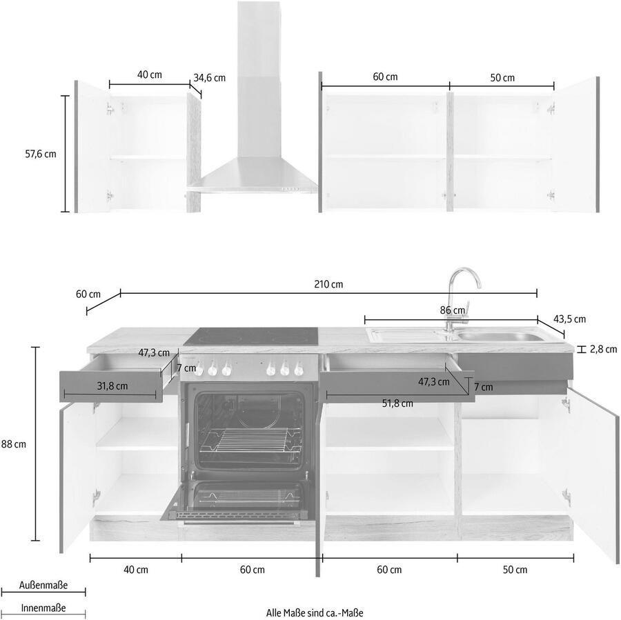 OPTIFIT Keukenblok Roth Breedte 210 cm optioneel met elektrische apparaten push-to-open functie