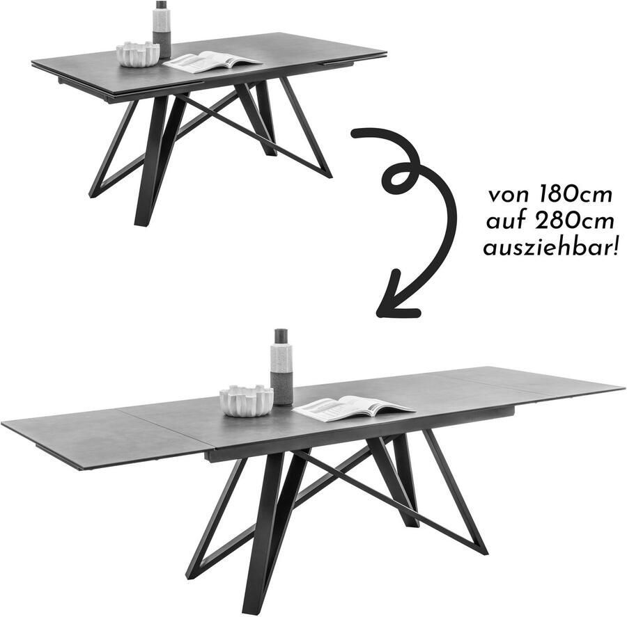OTTO Stolkom Eettafel Charly eettafel keramiek uitschuifbaar tot 280 cm BxHxD 180x75x95 cm Keramische oppervlakte tafelblad aan beide zijden uittrekbaar van 180 naar 280 cm