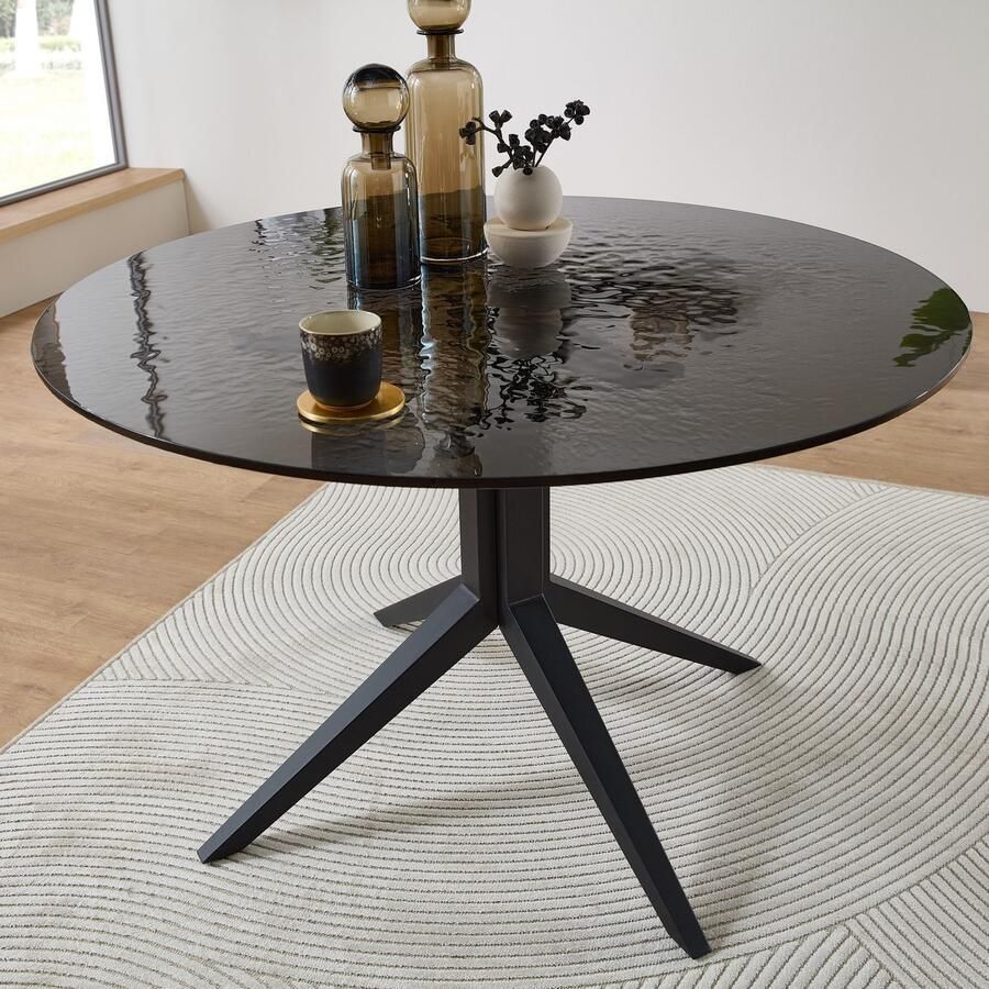 OTTO Stolkom Eettafel Leano ronde glazen tafel zwart eettafel BxH 110x76 cm Veiligheidsglas breukveilig water ripple effect zwart getint