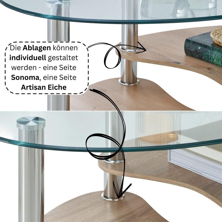 OTTO Stolkom Salontafel Panty glazen tafel salontafel bijzettafel glas BxHxD 90x42x55 cm Veiligheidsglas 8 mm legplank in MDF eiken Artisan en eiken Sonoma