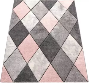 Paco Home Vloerkleed Lara 238 Korte pool kleurrijk ruitmotief pastelkleuren met de hand gemaakte gesneden reliëfpatroon ideaal in woonkamer & slaapkamer