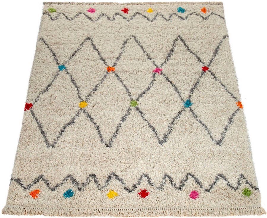 Paco Home Vloerkleed Meerkleurig Beige Shaggy Pluizig Ethno Ontwerp Hoogpolig Stippen Ruitpatroon 80x150 cm - Foto 2