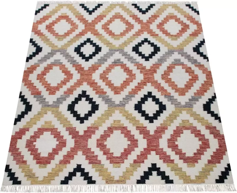 Paco Home Wollen kleed Kenitra 501 Platweefsel zuivere wol met de hand geweven geruit design met franje - Foto 2