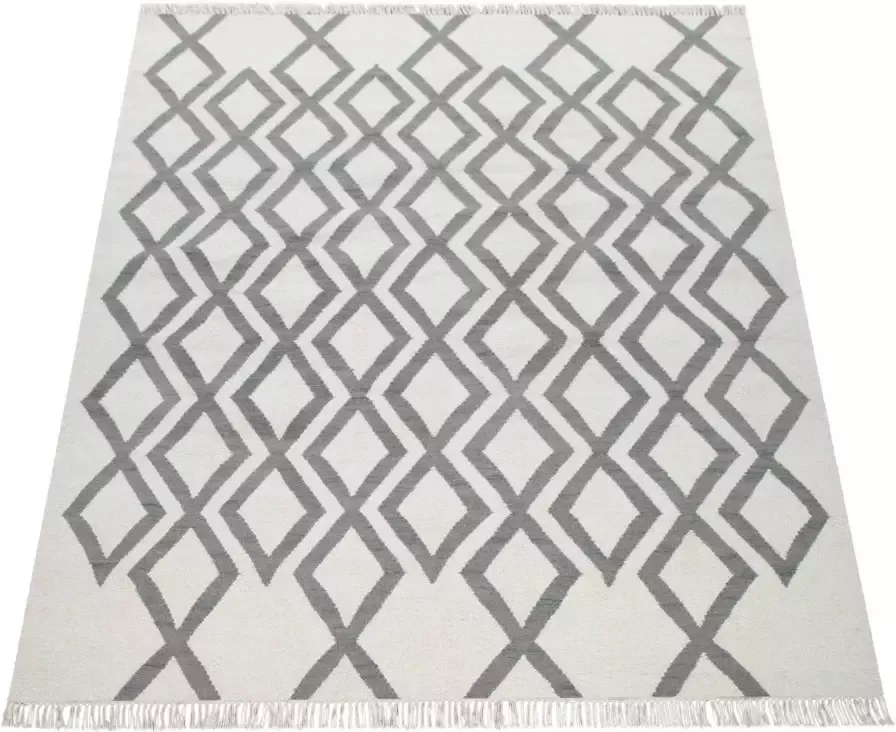 Paco Home Wollen kleed Kenitra 502 Handgeweven vloerkleed platweefsel zuivere wol met de hand geweven ruitendesign met franje ideaal in de woonkamer & slaapkamer