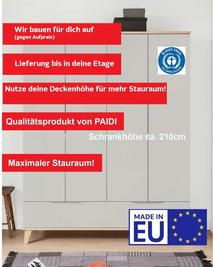 PAIDI Kinderwelten Kledingkast Fiene kinder kledingkast veel ruimte en opslagruimte met legplanken en kledingstang ook ideaal voor de tienerkamer - Foto 2