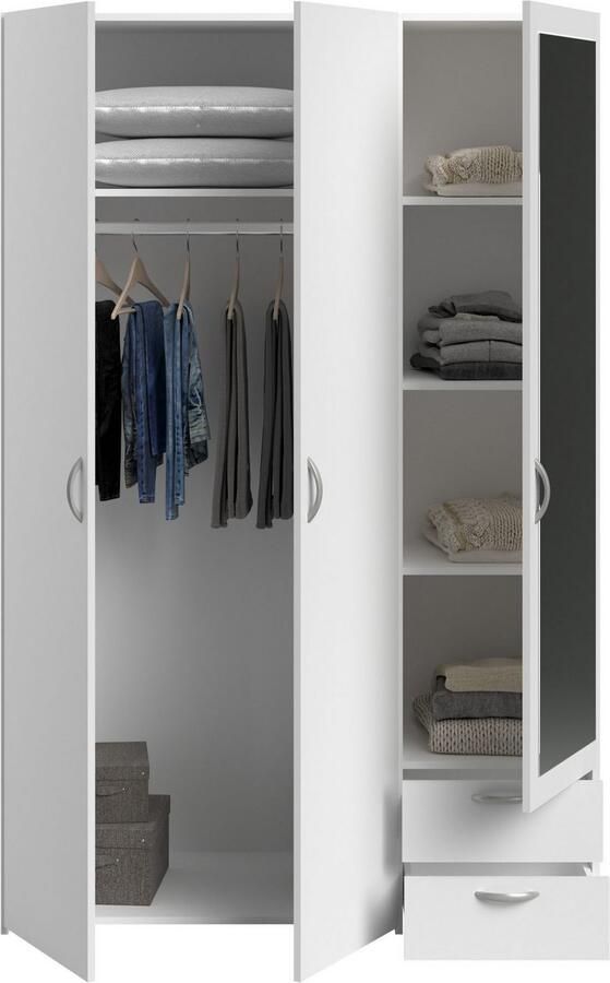 Parisot Varia garderobe Wit decor 3 scharnierende deuren + spiegel + 2 laden L 120 x H 185 x d 51 cm - Foto 6