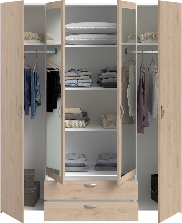 Parisot VARIA kledingkast Eiken en wit decor 4 deuren 2 laden Centrale deuren met spiegels 159 9 x 185 x 51 7