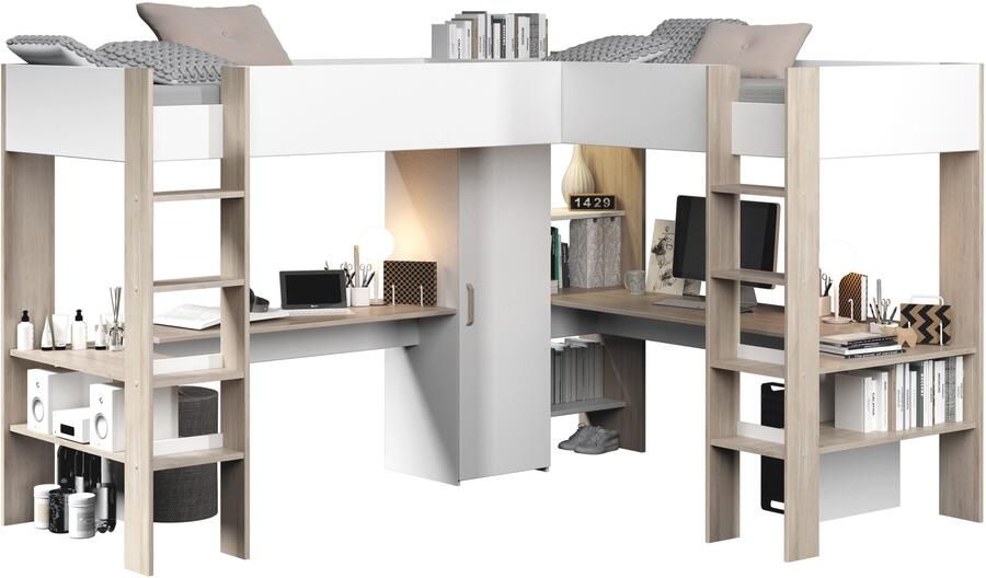 Vente-unique Dubbele hoekhoogslaper 2 x 90 x 200 cm Met opbergruimte en bureaus Wit en naturel LASCANO L 295.7 cm x H 180 cm x D 232.2 cm - Foto 17