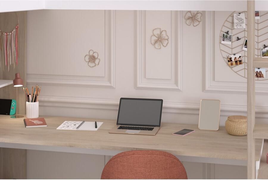 Vente-unique Dubbele hoekhoogslaper 2 x 90 x 200 cm Met opbergruimte en bureaus Wit en naturel LASCANO L 295.7 cm x H 180 cm x D 232.2 cm - Foto 12