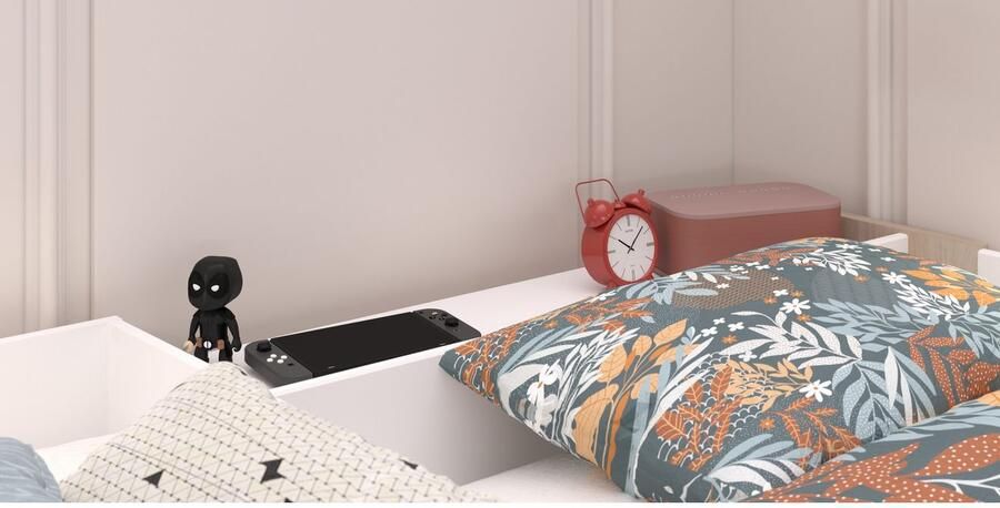 Vente-unique Dubbele hoekhoogslaper 2 x 90 x 200 cm Met opbergruimte en bureaus Wit en naturel LASCANO L 295.7 cm x H 180 cm x D 232.2 cm - Foto 16