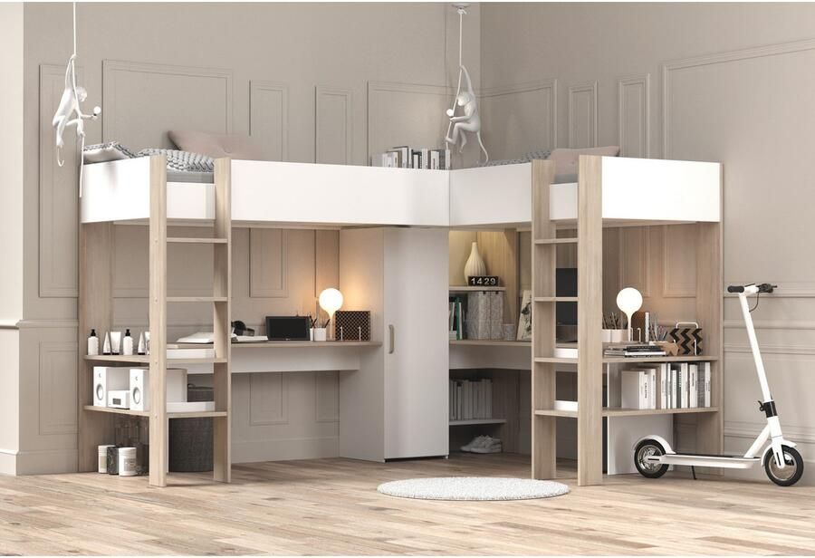 Vente-unique Dubbele hoekhoogslaper 2 x 90 x 200 cm Met opbergruimte en bureaus Wit en naturel LASCANO L 295.7 cm x H 180 cm x D 232.2 cm - Foto 3