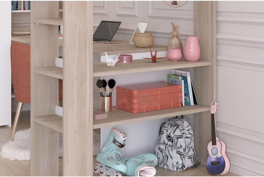 Vente-unique Dubbele hoekhoogslaper 2 x 90 x 200 cm Met opbergruimte en bureaus Wit en naturel LASCANO L 295.7 cm x H 180 cm x D 232.2 cm - Foto 6