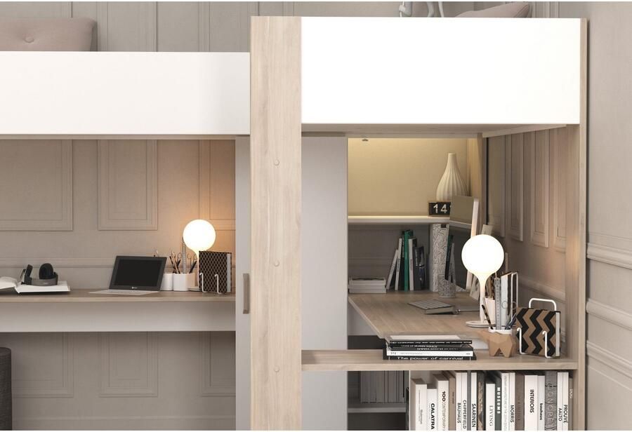 Vente-unique Dubbele hoekhoogslaper 2 x 90 x 200 cm Met opbergruimte en bureaus Wit en naturel LASCANO L 295.7 cm x H 180 cm x D 232.2 cm - Foto 4