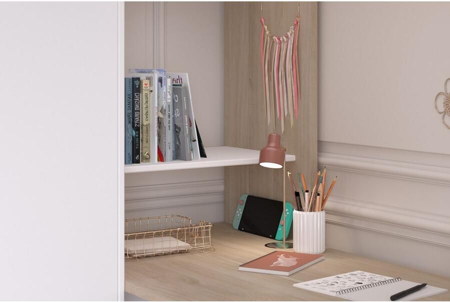 Vente-unique Dubbele hoekhoogslaper 2 x 90 x 200 cm Met opbergruimte en bureaus Wit en naturel LASCANO L 295.7 cm x H 180 cm x D 232.2 cm - Foto 8