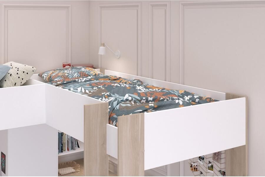 Vente-unique Dubbele hoekhoogslaper 2 x 90 x 200 cm Met opbergruimte en bureaus Wit en naturel LASCANO L 295.7 cm x H 180 cm x D 232.2 cm - Foto 13