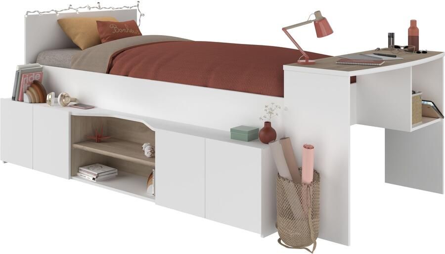 Vente-unique Combinatiebed 90 x 190 200 cm met bureau en opbergruimte Wit en houtlook JOCHIANE L 115.9 cm x H 90 cm x D 240.6 cm - Foto 15