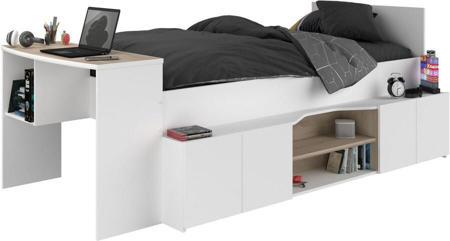 Vente-unique Combinatiebed 90 x 190 200 cm met bureau en opbergruimte Wit en houtlook JOCHIANE L 115.9 cm x H 90 cm x D 240.6 cm - Foto 13