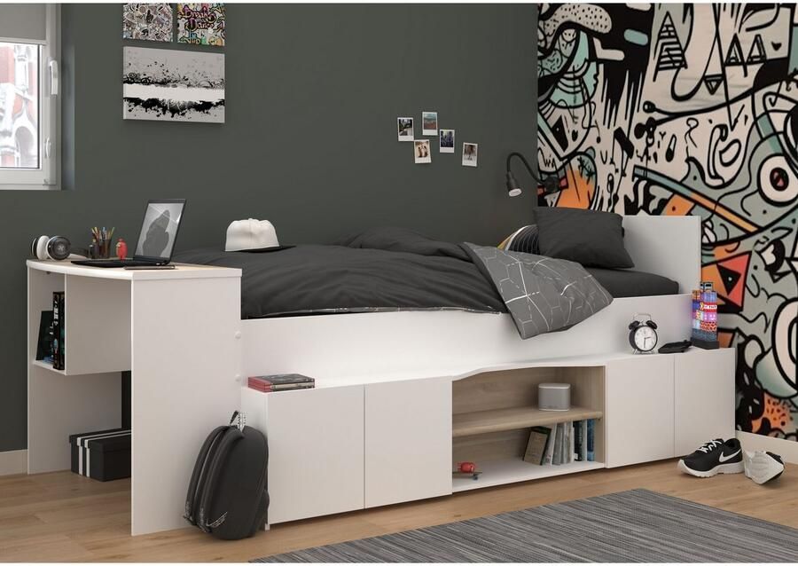 Vente-unique Combinatiebed 90 x 190 200 cm met bureau en opbergruimte Wit en houtlook JOCHIANE L 115.9 cm x H 90 cm x D 240.6 cm - Foto 9