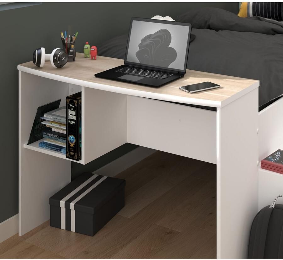 Vente-unique Combinatiebed 90 x 190 200 cm met bureau en opbergruimte Wit en houtlook JOCHIANE L 115.9 cm x H 90 cm x D 240.6 cm - Foto 4