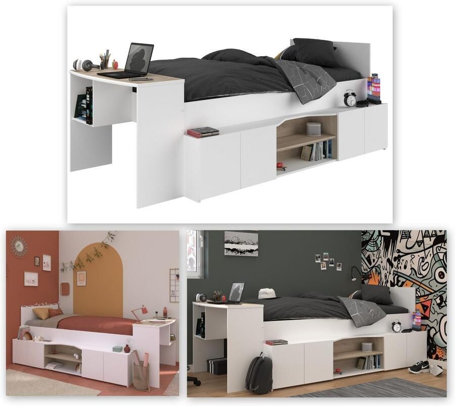 Vente-unique Combinatiebed 90 x 190 200 cm met bureau en opbergruimte Wit en houtlook JOCHIANE L 115.9 cm x H 90 cm x D 240.6 cm - Foto 5
