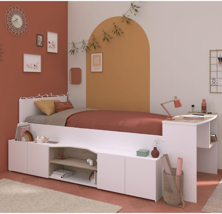 Vente-unique Combinatiebed 90 x 190 200 cm met bureau en opbergruimte Wit en houtlook JOCHIANE L 115.9 cm x H 90 cm x D 240.6 cm - Foto 3