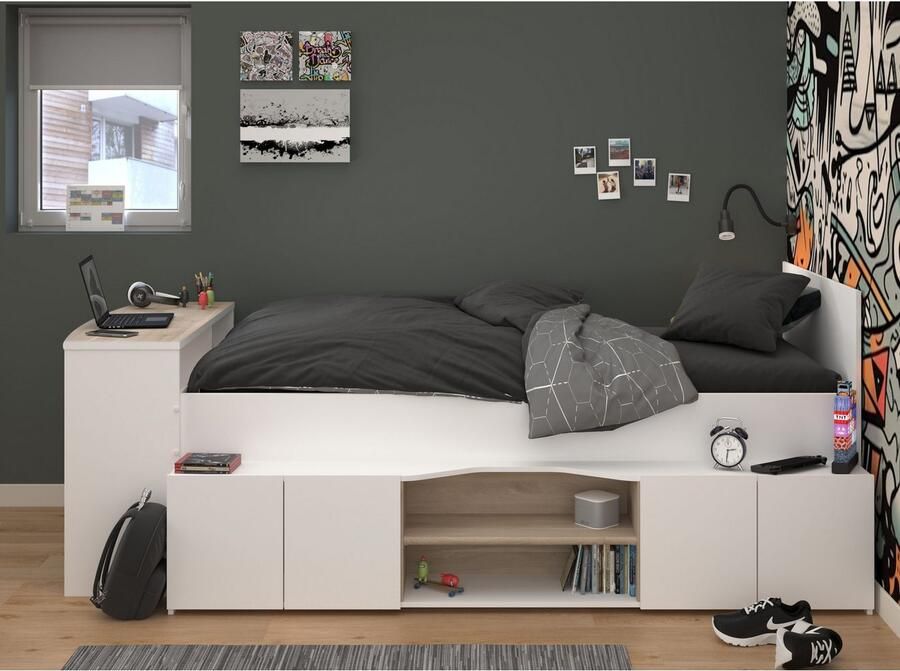 Vente-unique Combinatiebed 90 x 190 200 cm met bureau en opbergruimte Wit en houtlook JOCHIANE L 115.9 cm x H 90 cm x D 240.6 cm - Foto 7