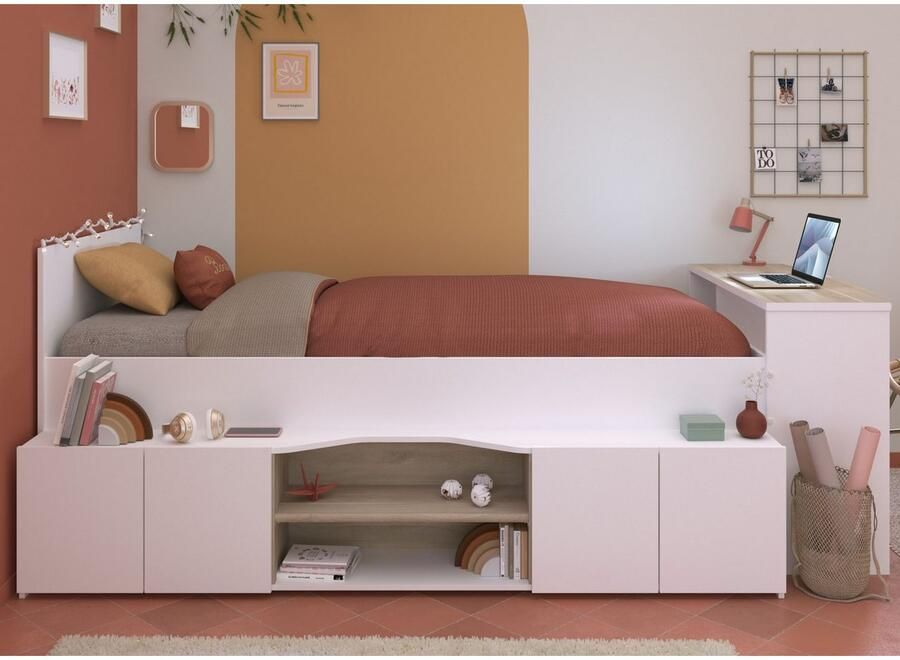 Vente-unique Combinatiebed 90 x 190 200 cm met bureau en opbergruimte Wit en houtlook JOCHIANE L 115.9 cm x H 90 cm x D 240.6 cm - Foto 8