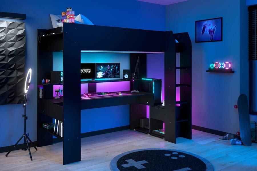 Parisot Hoogslaper Gaming-bed met bureau USB-aansluiting LED veel opbergruimte - Foto 16