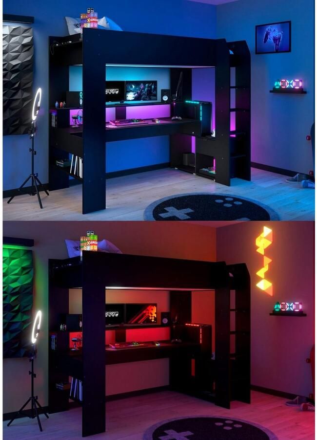 Parisot Hoogslaper Gaming-bed met bureau USB-aansluiting LED veel opbergruimte - Foto 4