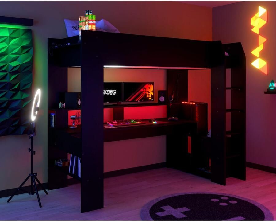 Parisot Hoogslaper Gaming-bed met bureau USB-aansluiting LED veel opbergruimte - Foto 3