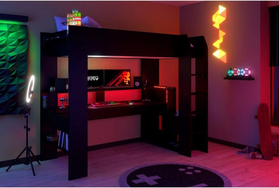 Parisot Hoogslaper Gaming-bed met bureau USB-aansluiting LED veel opbergruimte - Foto 12