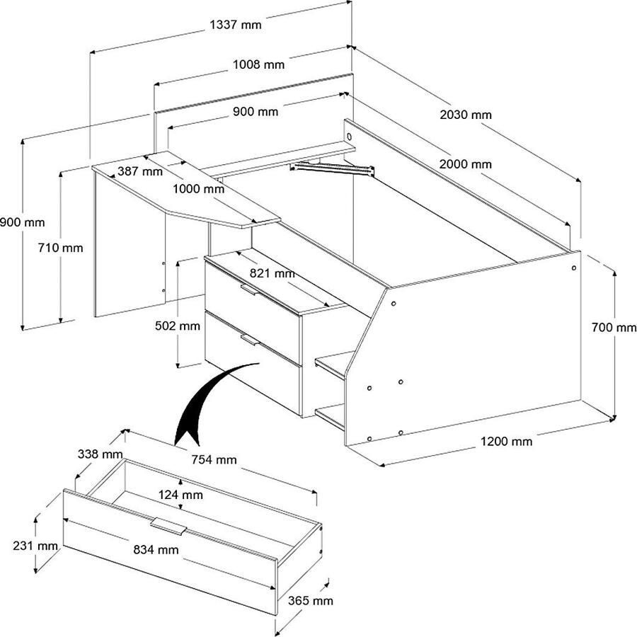 Parisot Hoogslaper Milky met klein werkblad en kleine kast extra bergruimte