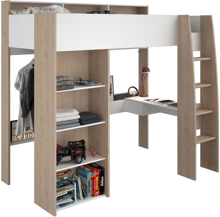 Parisot EMOB Hoogslaper Shelby 90x200cm met bureau wit eik Hoogslapers met bureau Wit; Bruin Spaanplaat Hoogslapers met bureau Eenpersoons Hoogslaper Op voorraad - Foto 3