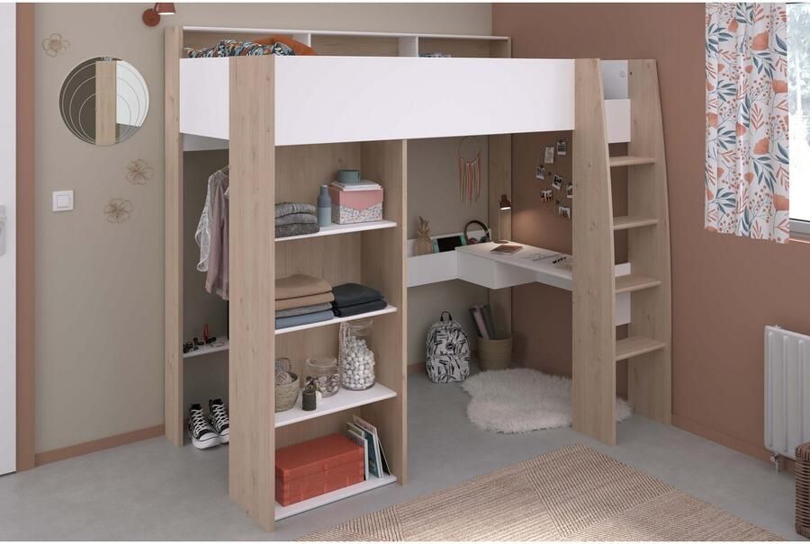Parisot EMOB Hoogslaper Shelby 90x200cm met bureau wit eik Hoogslapers met bureau Wit; Bruin Spaanplaat Hoogslapers met bureau Eenpersoons Hoogslaper Op voorraad - Foto 9