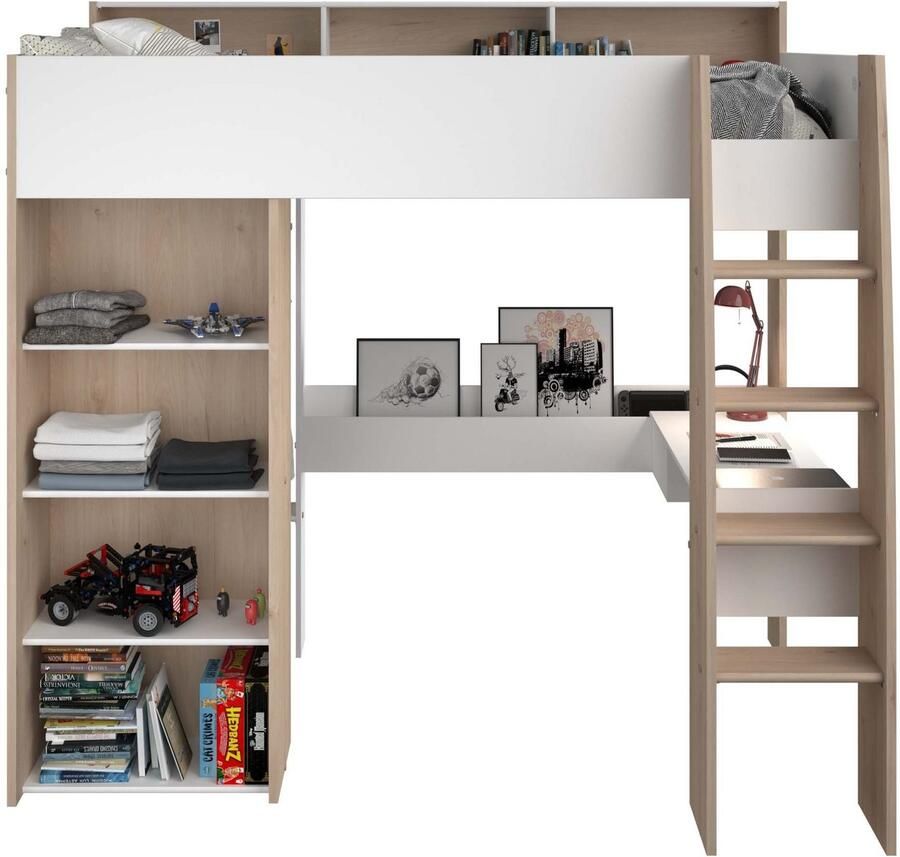 Parisot EMOB Hoogslaper Shelby 90x200cm met bureau wit eik Hoogslapers met bureau Wit; Bruin Spaanplaat Hoogslapers met bureau Eenpersoons Hoogslaper Op voorraad - Foto 4