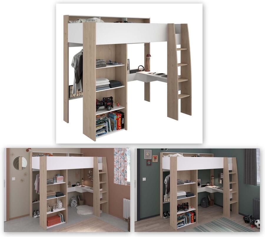 Parisot EMOB Hoogslaper Shelby 90x200cm met bureau wit eik Hoogslapers met bureau Wit; Bruin Spaanplaat Hoogslapers met bureau Eenpersoons Hoogslaper Op voorraad - Foto 5